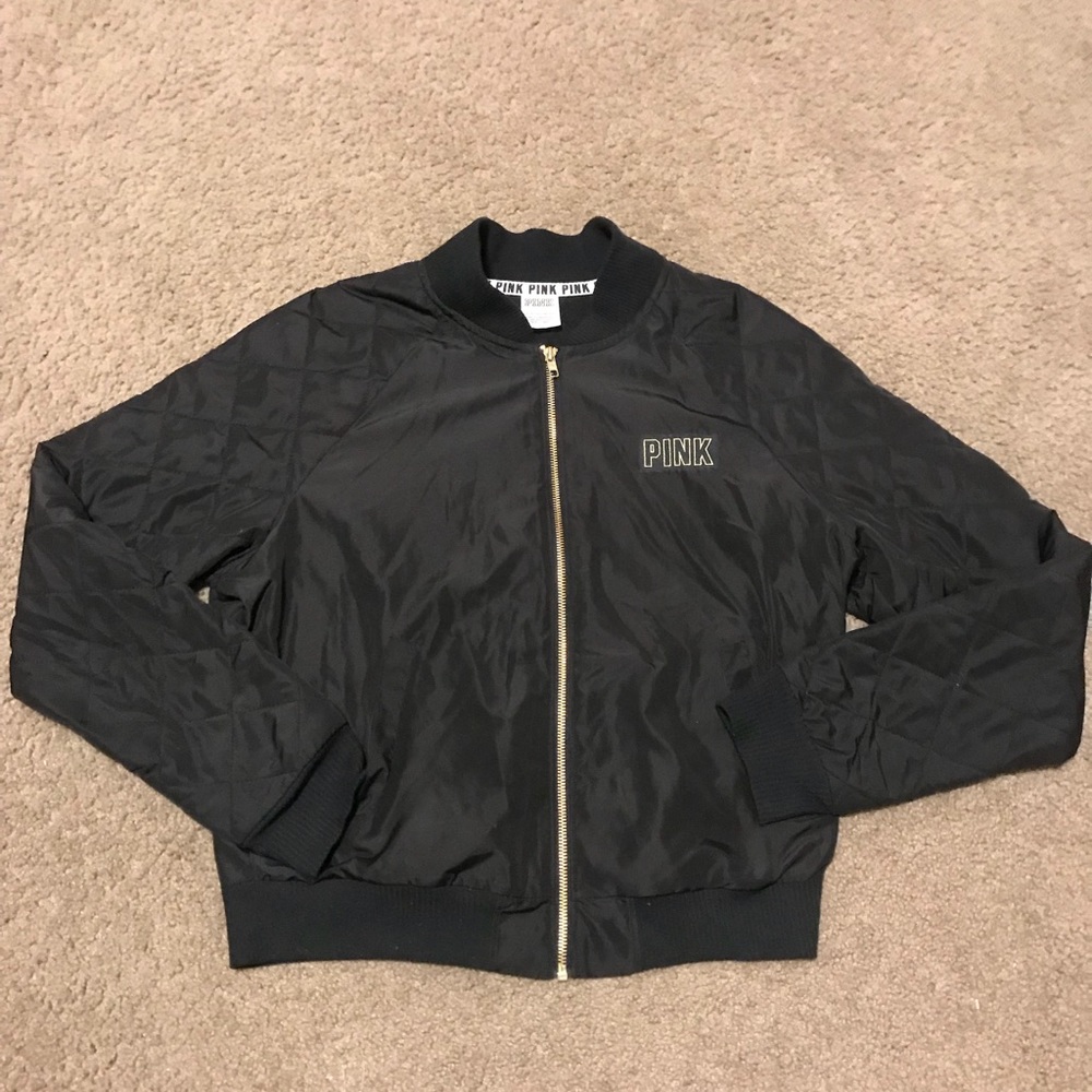 Bomber jacket w gold zippers and pink in gold